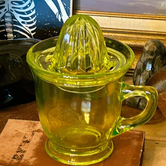 Vintage Uranium Glass Juicer & Pitcher Set – Large 8" Glow Reamer – Raised Orang - Picture 5 of 5